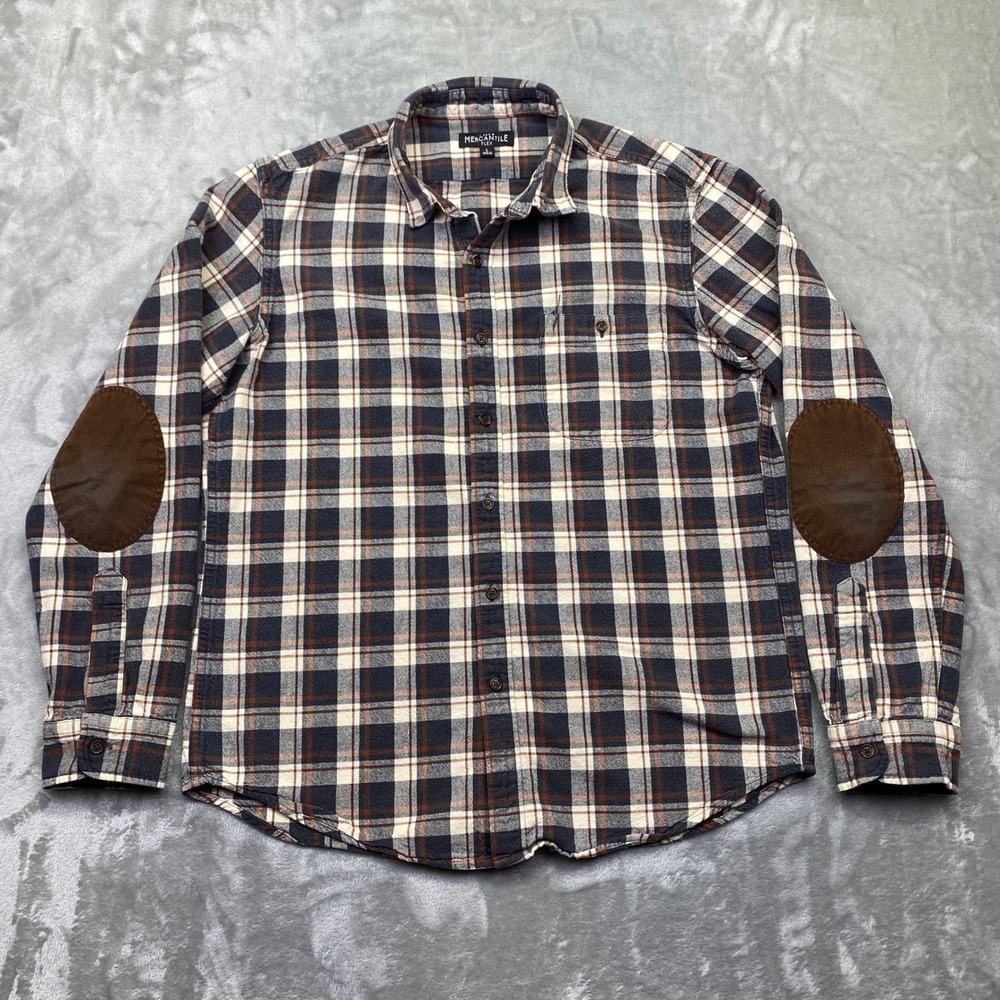 J. Crew Mercantile Men Flannel Shirt Elbow Patches Plaid Button Down Casual Sz L